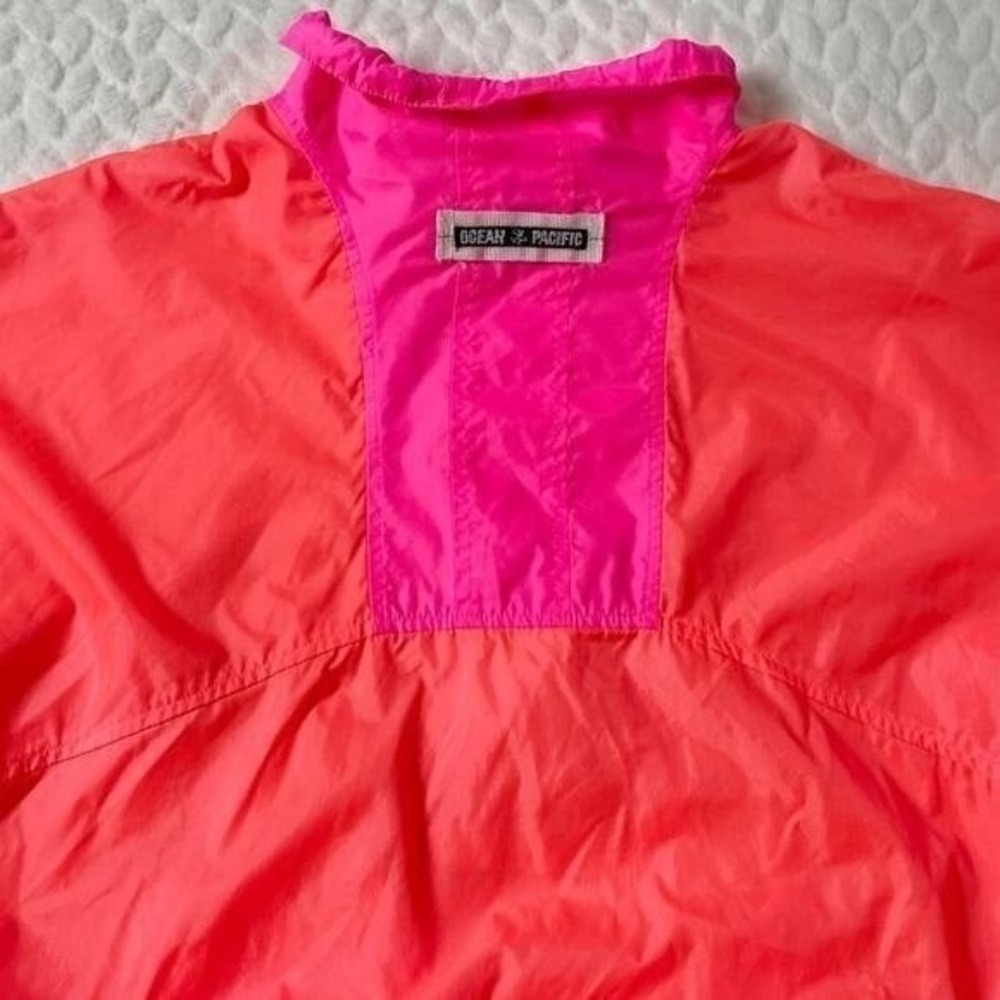 Vintage OP Hot Pink/Orange Windbreaker 3/4 Zip‎ Jacket - Junior's M - Picture 5 of 15